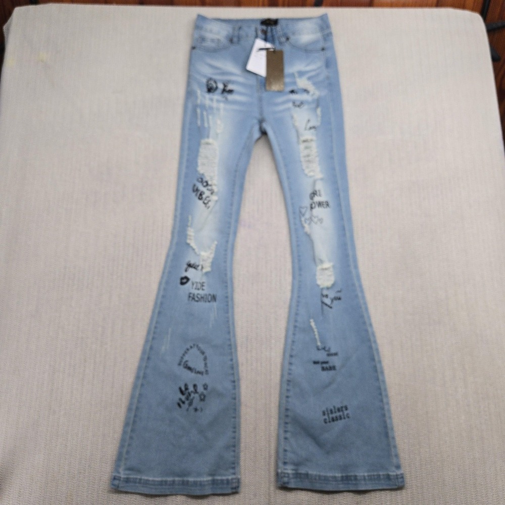 Denimland Jeans Womens Medium Light Blue Flare Distressed Bell Bottom Graphic